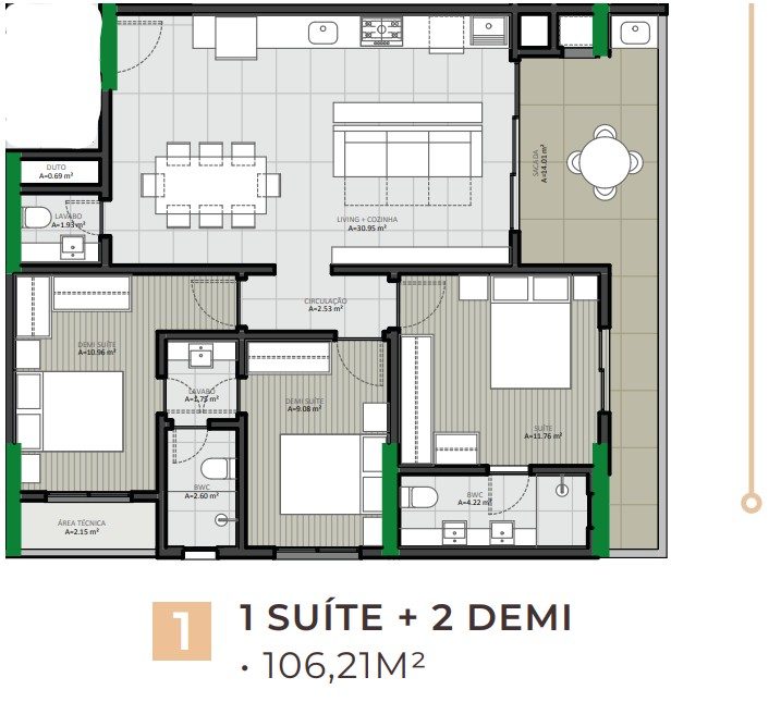 Apartamento no Metropolitan: 1 Suíte + 2 Demi-Suítes com Sacada e Churrasqueira 3