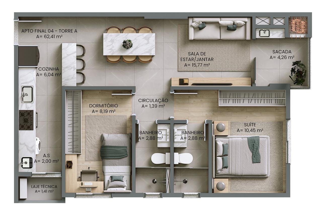 Apartamento na Planta com 2 Quartos e Suíte em Itajaí | Residencial Quartier 6